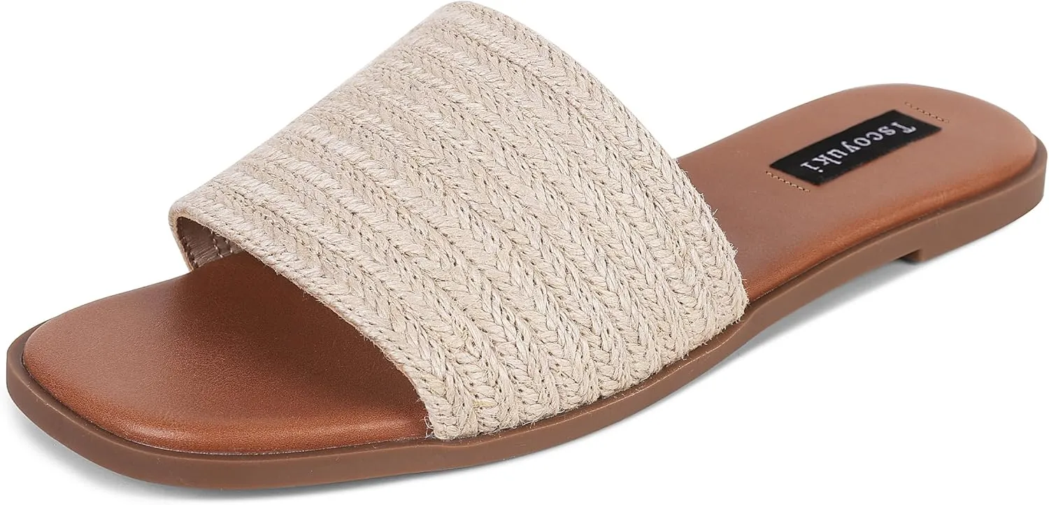 Tscoyuki Slides Sandals for Women Basic Slip On Flat Sandals Open Toe Comfort Beach Sandals Slippers for Casual Dressy Summer