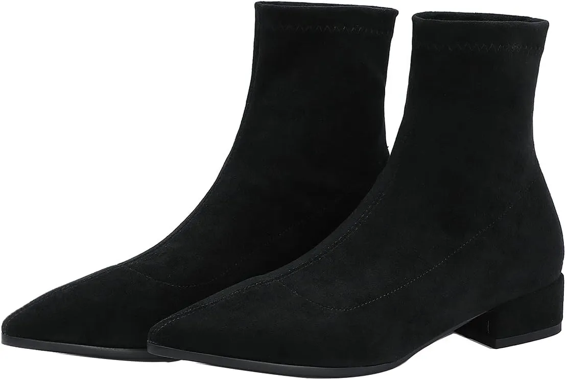 UniqueStride Suede Flat Ankle Boots for Women Pointed Toe Stretch Low Heel Slip On booties
