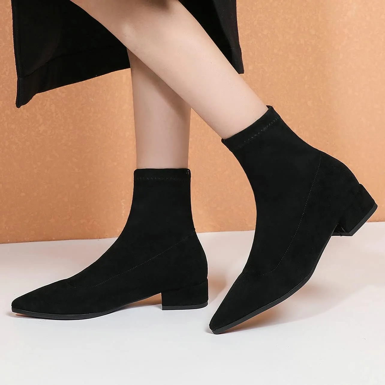 UniqueStride Suede Flat Ankle Boots for Women Pointed Toe Stretch Low Heel Slip On booties