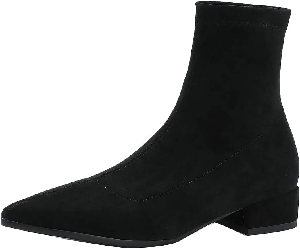 UniqueStride Suede Flat Ankle Boots for Women Pointed Toe Stretch Low Heel Slip On booties