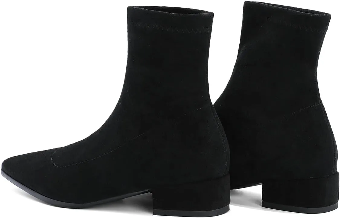 UniqueStride Suede Flat Ankle Boots for Women Pointed Toe Stretch Low Heel Slip On booties