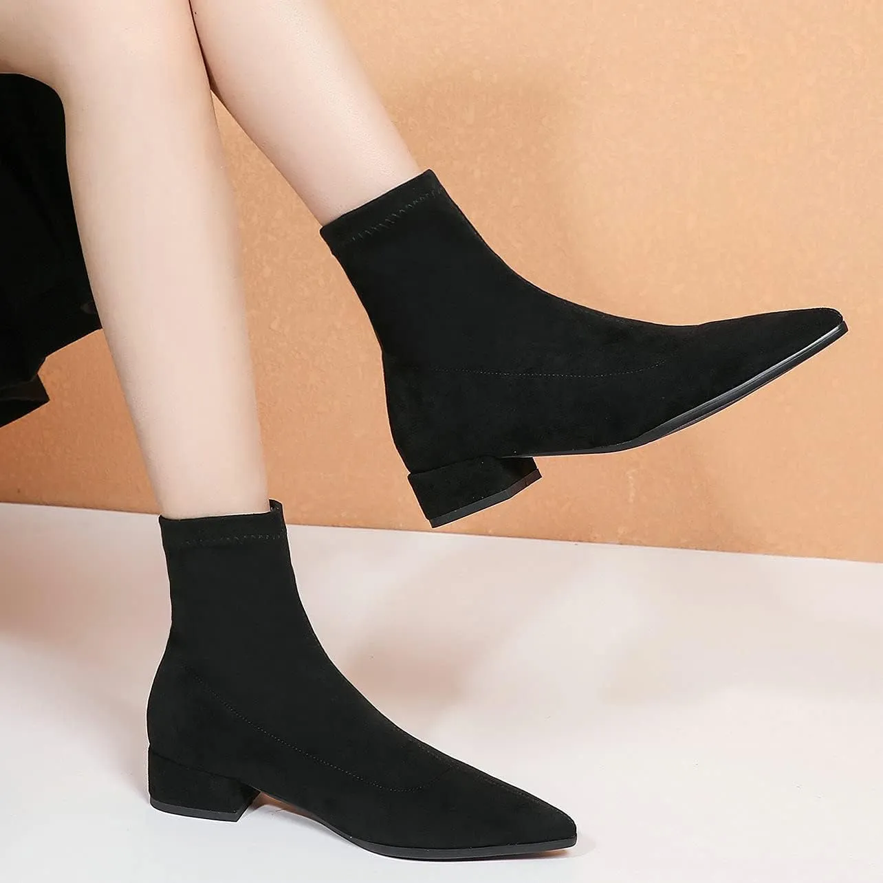 UniqueStride Suede Flat Ankle Boots for Women Pointed Toe Stretch Low Heel Slip On booties