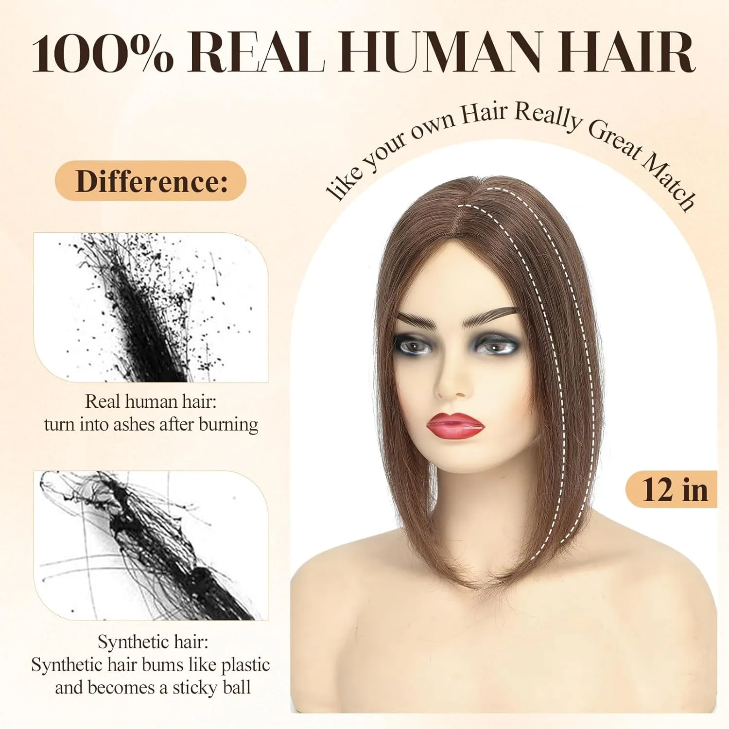 VASILIA Hair Toppers for Women Real Human Hair 120% Density Hand-made 4 * 4.8 Inch Swiss Base Human Hair Topper without Bangs 12 Inch Wig Toppers for Thinning hair #6 Medium Ash Brown