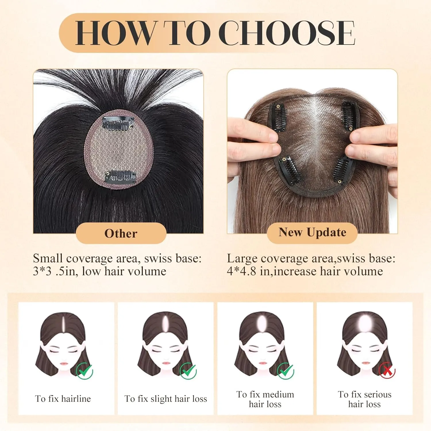 VASILIA Hair Toppers for Women Real Human Hair 120% Density Hand-made 4 * 4.8 Inch Swiss Base Human Hair Topper without Bangs 12 Inch Wig Toppers for Thinning hair #6 Medium Ash Brown