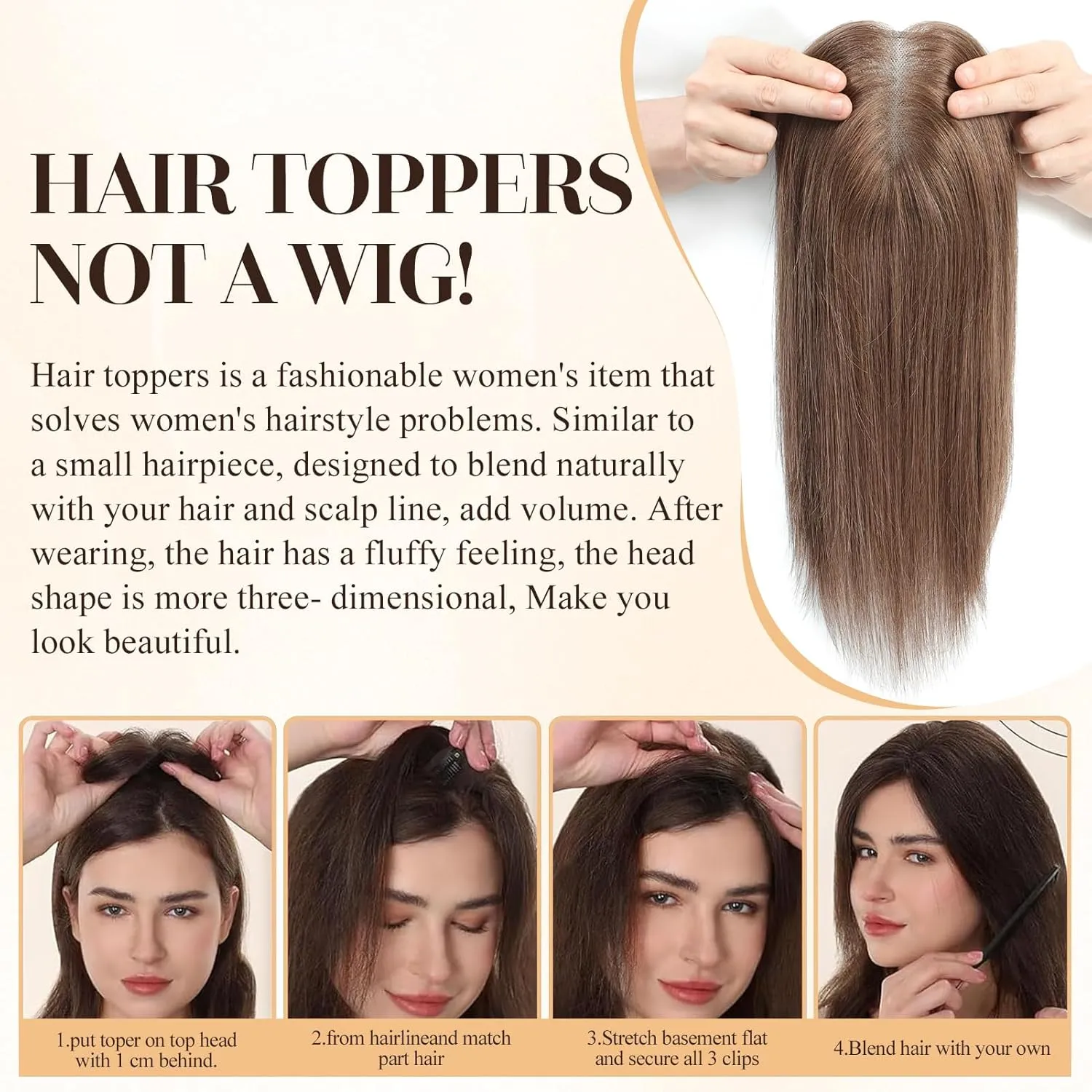 VASILIA Hair Toppers for Women Real Human Hair 120% Density Hand-made 4 * 4.8 Inch Swiss Base Human Hair Topper without Bangs 12 Inch Wig Toppers for Thinning hair #6 Medium Ash Brown