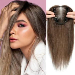 VASILIA Hair Toppers for Women Real Human Hair 120% Density Hand-made 4 * 4.8 Inch Swiss Base Human Hair Topper without Bangs 12 Inch Wig Toppers for Thinning hair #6 Medium Ash Brown