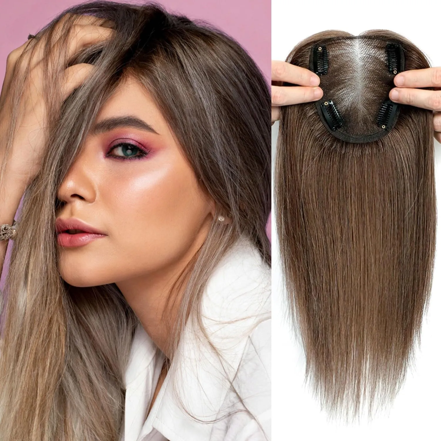 VASILIA Hair Toppers for Women Real Human Hair 120% Density Hand-made 4 * 4.8 Inch Swiss Base Human Hair Topper without Bangs 12 Inch Wig Toppers for Thinning hair #6 Medium Ash Brown