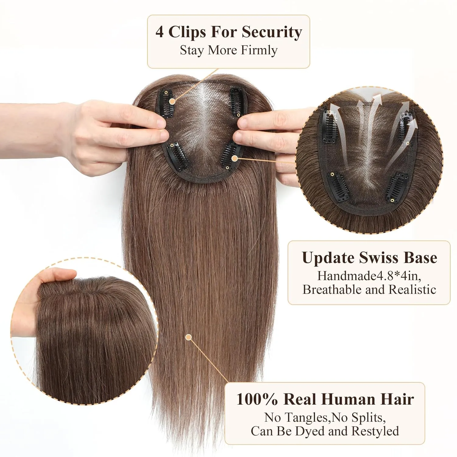 VASILIA Hair Toppers for Women Real Human Hair 120% Density Hand-made 4 * 4.8 Inch Swiss Base Human Hair Topper without Bangs 12 Inch Wig Toppers for Thinning hair #6 Medium Ash Brown
