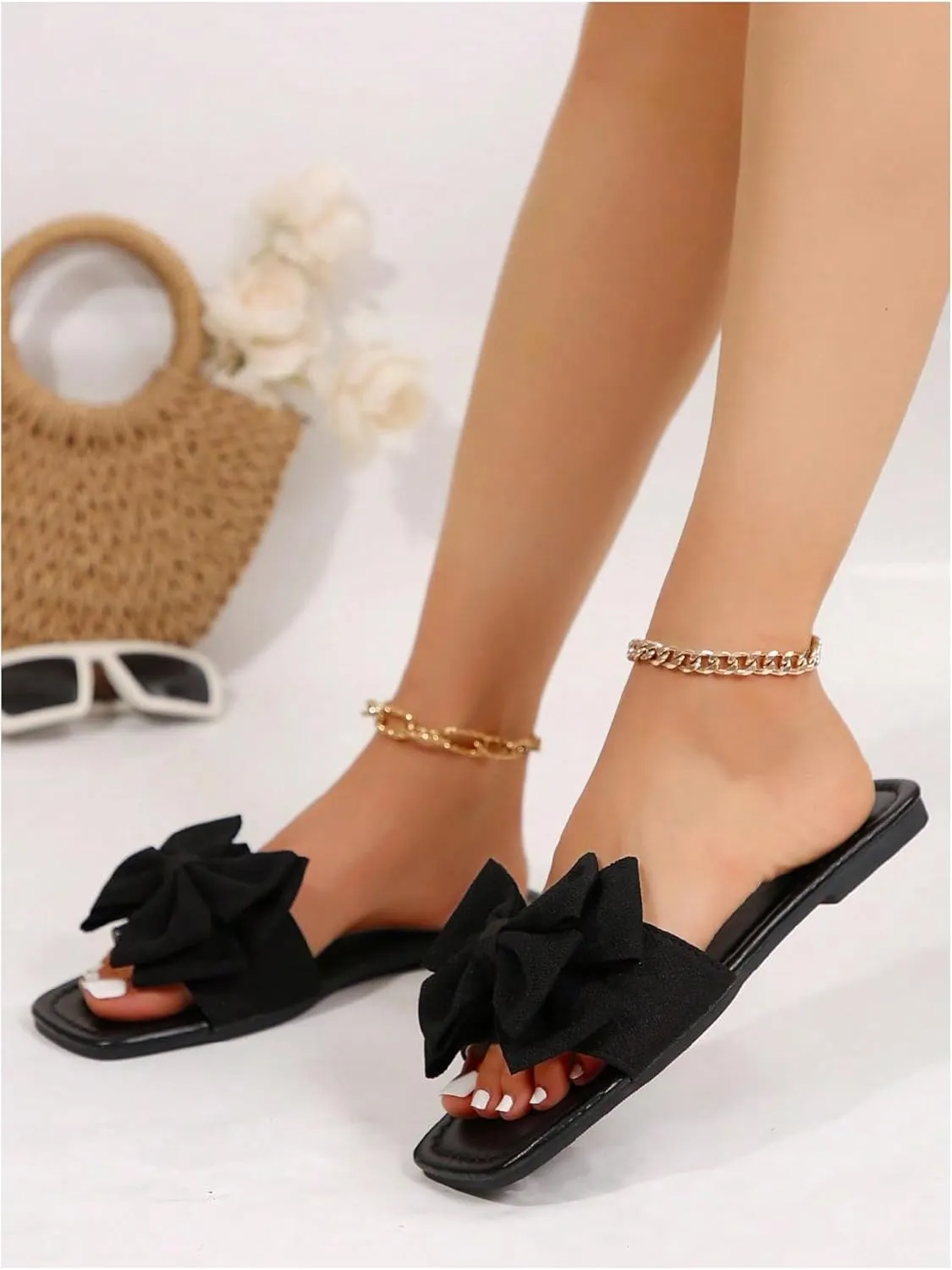 Verdusa Women's Bowknot Flat Sandals Summer Open Toe Slide Slip On Sandals