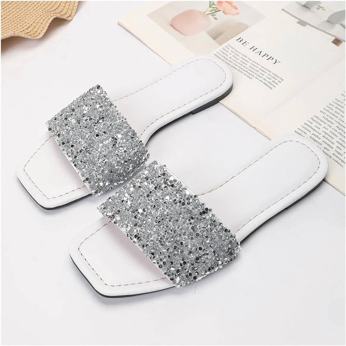 Verdusa Women's Rhinestone Sandals Glitter Casual Sandal Flats Open Toe Sparkle Slides