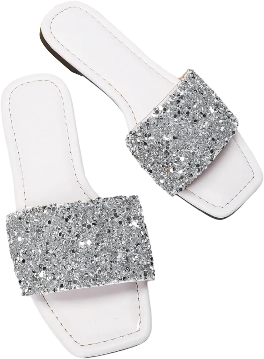 Verdusa Women's Rhinestone Sandals Glitter Casual Sandal Flats Open Toe Sparkle Slides