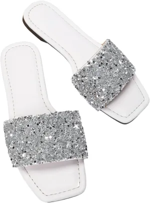 Verdusa Women's Rhinestone Sandals Glitter Casual Sandal Flats Open Toe Sparkle Slides