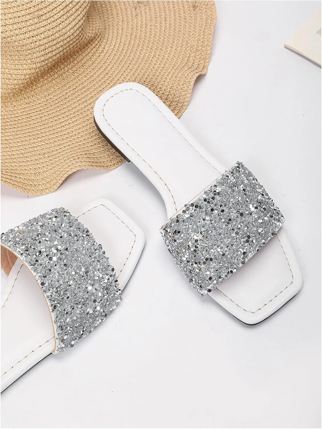 Verdusa Women's Rhinestone Sandals Glitter Casual Sandal Flats Open Toe Sparkle Slides