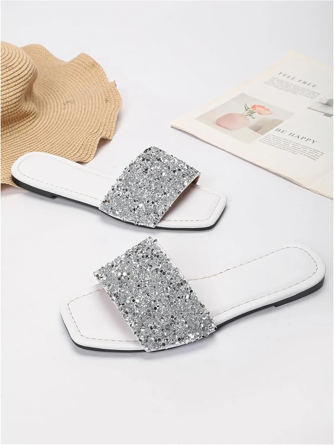 Verdusa Women's Rhinestone Sandals Glitter Casual Sandal Flats Open Toe Sparkle Slides