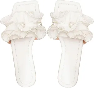 Verdusa Women's Ruffle Pearl Sandals Wedding Square Toe Slip on Slides Summer Slippers