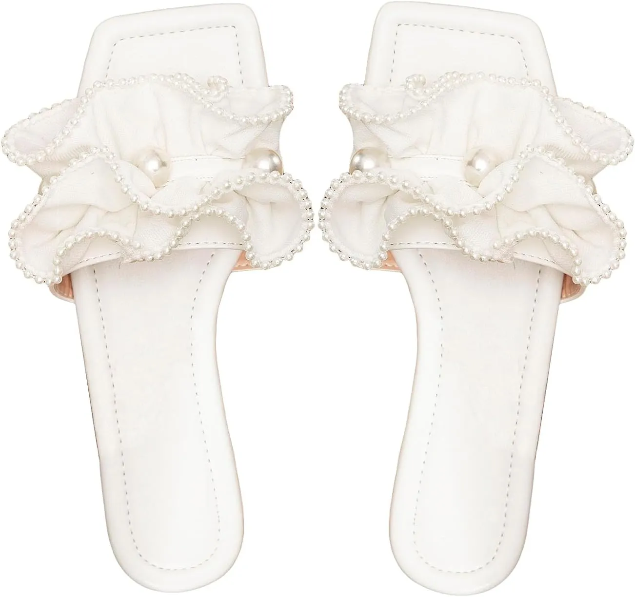 Verdusa Women's Ruffle Pearl Sandals Wedding Square Toe Slip on Slides Summer Slippers