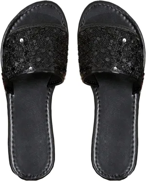 Verdusa Women's Sequin Glitter Flat Sandals PU Leather Open Toe Slip on Slides Slippers