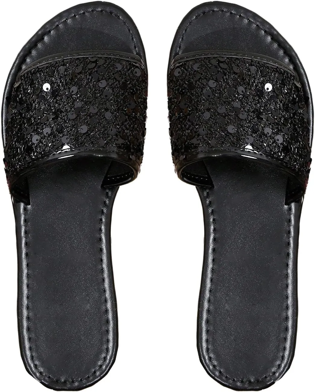 Verdusa Women's Sequin Glitter Flat Sandals PU Leather Open Toe Slip on Slides Slippers