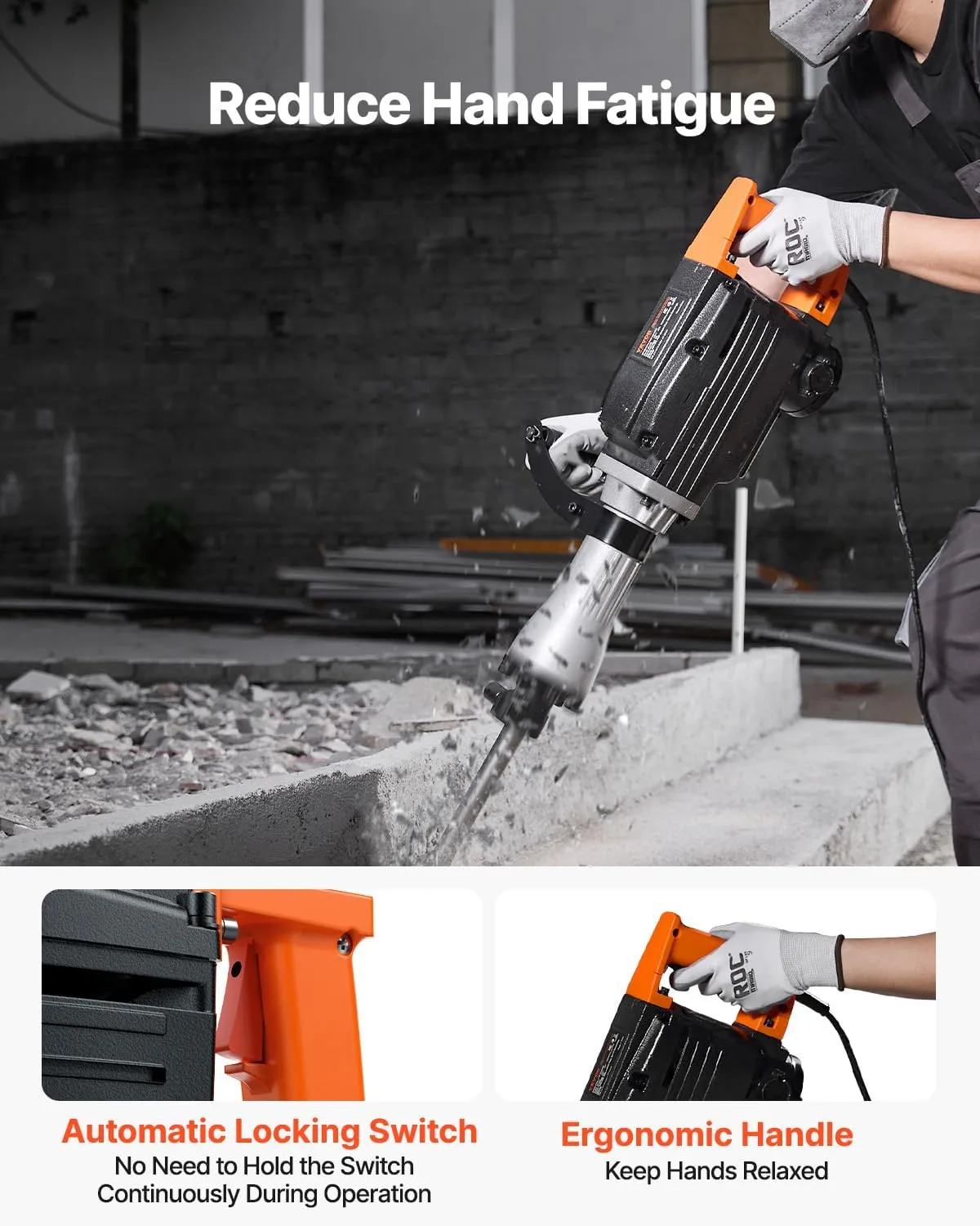 VEVOR Demolition Jack Hammer, 1350 BPM Concrete Breaker 6pcs Chisels Bit Chipping with Case, 2200W Electric Jackhammer Heavy Duty, Black