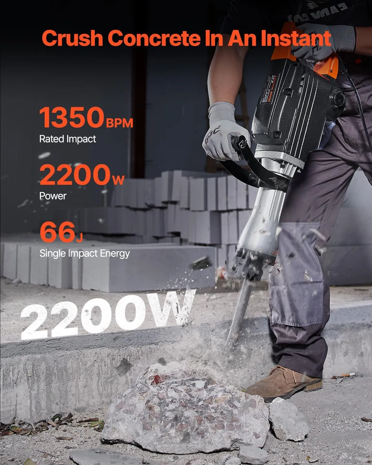 VEVOR Demolition Jack Hammer, 1350 BPM Concrete Breaker 6pcs Chisels Bit Chipping with Case, 2200W Electric Jackhammer Heavy Duty, Black