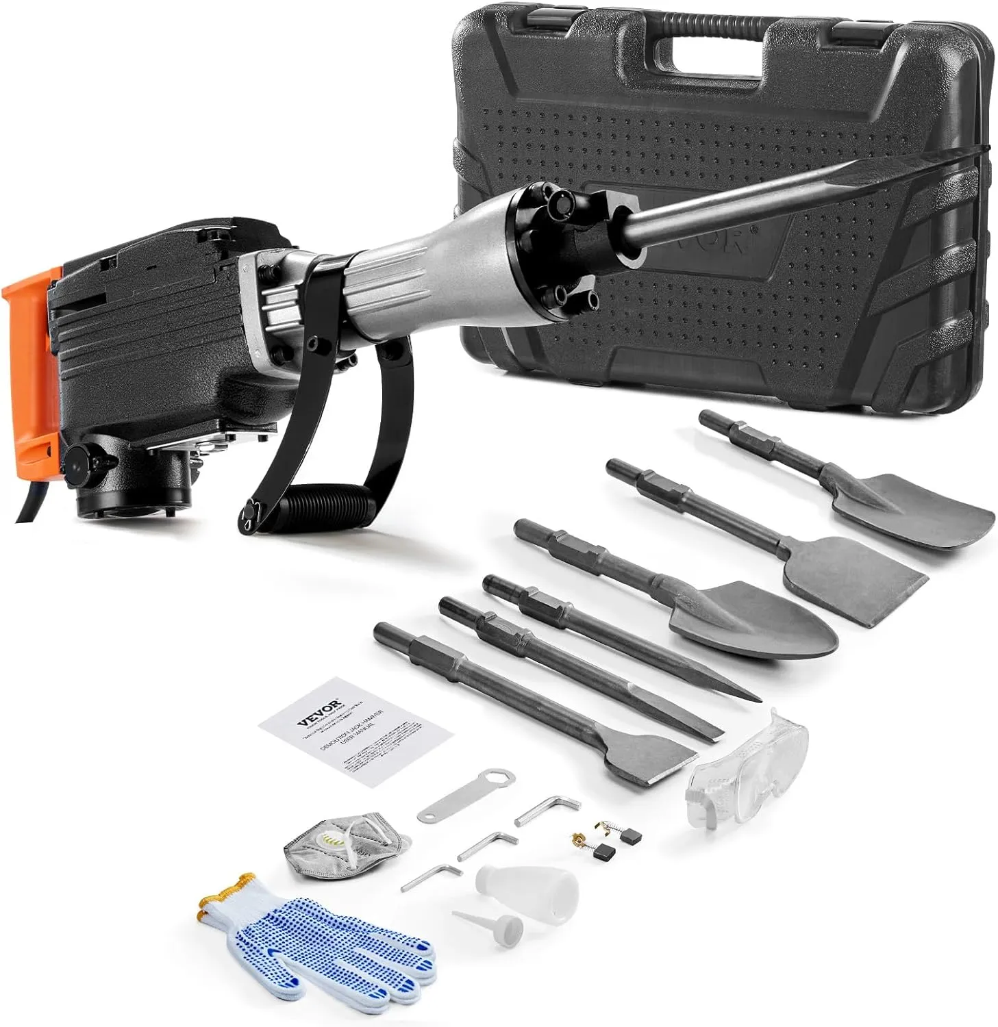 VEVOR Demolition Jack Hammer, 1350 BPM Concrete Breaker 6pcs Chisels Bit Chipping with Case, 2200W Electric Jackhammer Heavy Duty, Black