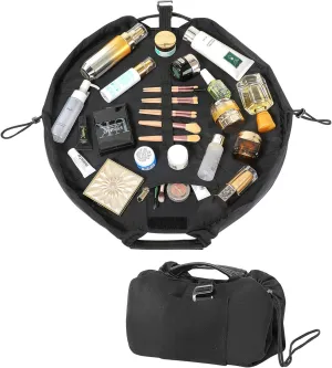 Vomgomfom 20 inch Drawstring Makeup Bag Open Flat,Waterproof Magic Cosmetic Pouch for Women,Black