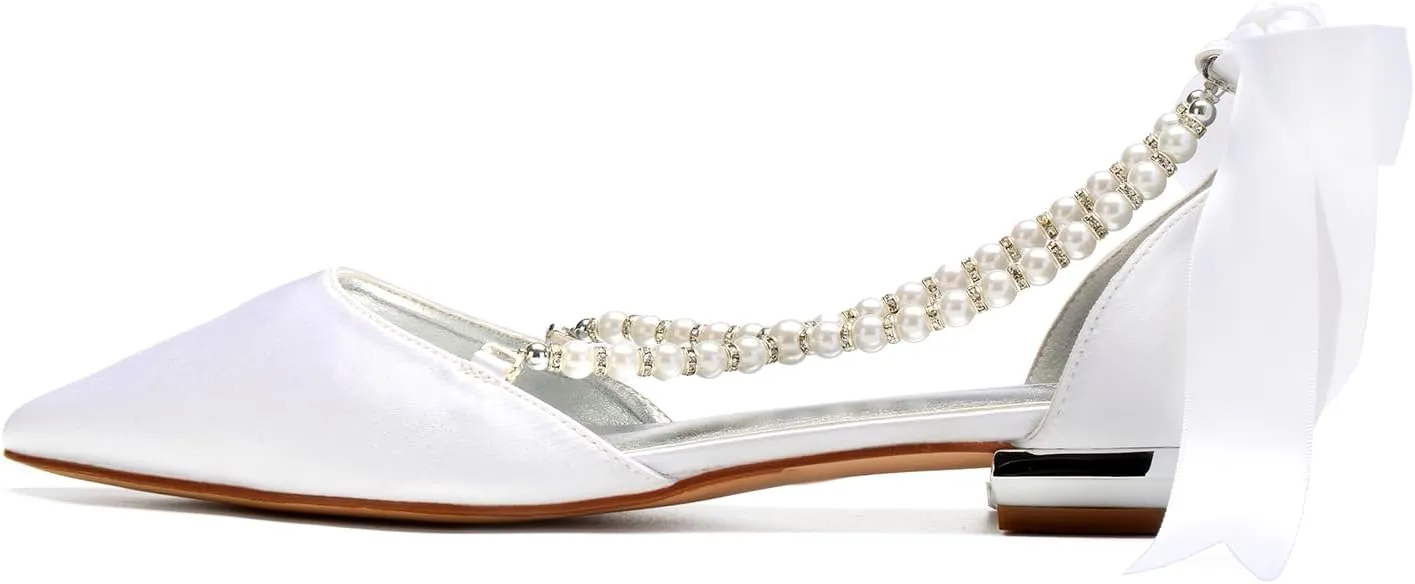 Wedding Shoes Flats for Bride Satin Pearls Straps Women Dress Shoes for Special Occasions
