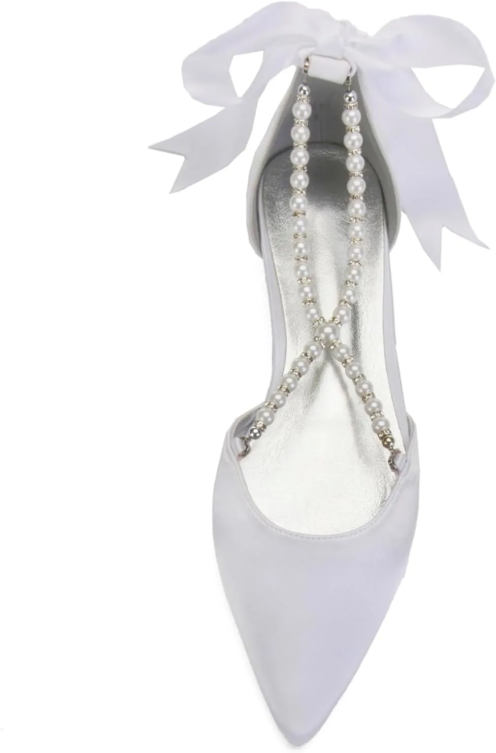 Wedding Shoes Flats for Bride Satin Pearls Straps Women Dress Shoes for Special Occasions