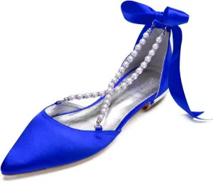 Wedding Shoes Flats for Bride Satin Pearls Straps Women Dress Shoes for Special Occasions