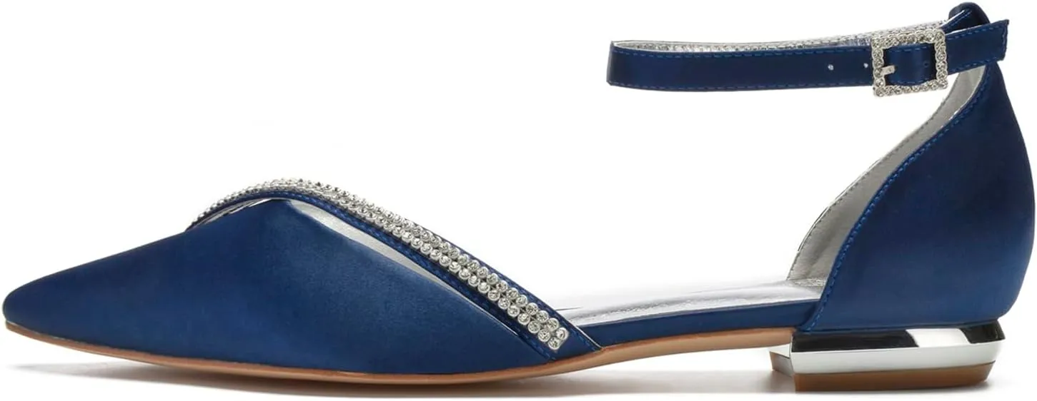 Wedding Shoes Flats for Bride Satin Rhinestone Pointed Toe Women Dress Shoes for Special Occasions