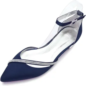 Wedding Shoes Flats for Bride Satin Rhinestone Pointed Toe Women Dress Shoes for Special Occasions