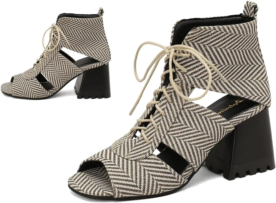 Women Heeled Sandals Peep Open Toe Ankle Boots Mid Chunky Block Heel Cutout Booties Sandals Zipper Lace Up Ankle Strap Dress Sandal Pumps Shoes Suede Crocodile Snakeskin Chic Size 4-15 M US