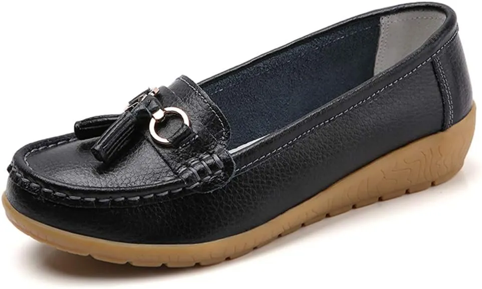 Women Loafers Leather Rubber Sole Slip On Walking Flats Casual Moccasin Boat Shoes