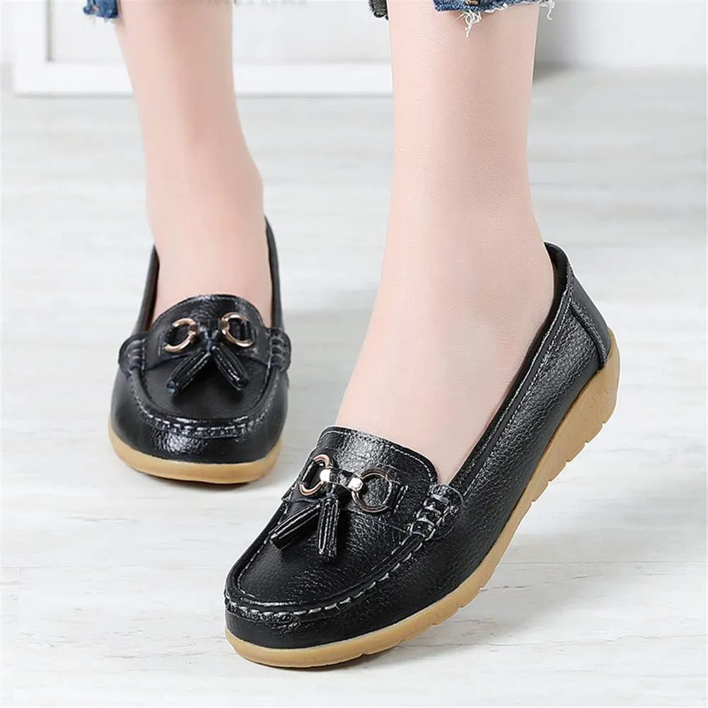 Women Loafers Leather Rubber Sole Slip On Walking Flats Casual Moccasin Boat Shoes