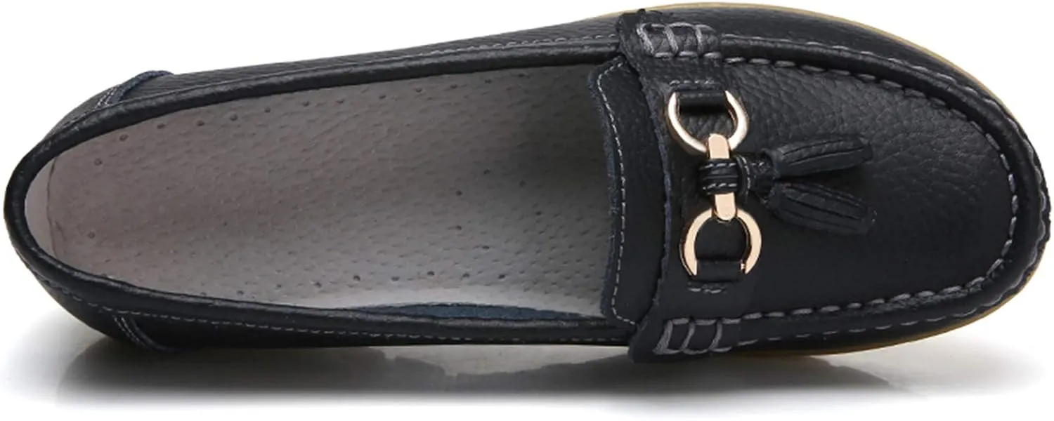 Women Loafers Leather Rubber Sole Slip On Walking Flats Casual Moccasin Boat Shoes