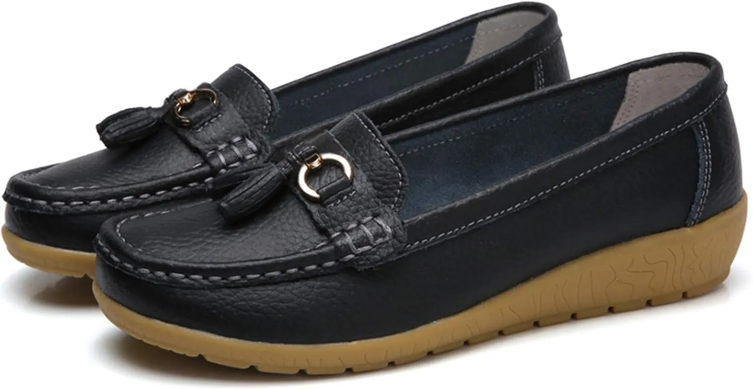 Women Loafers Leather Rubber Sole Slip On Walking Flats Casual Moccasin Boat Shoes