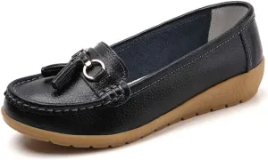 Women Loafers Leather Rubber Sole Slip On Walking Flats Casual Moccasin Boat Shoes