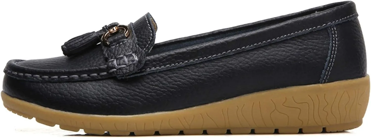 Women Loafers Leather Rubber Sole Slip On Walking Flats Casual Moccasin Boat Shoes