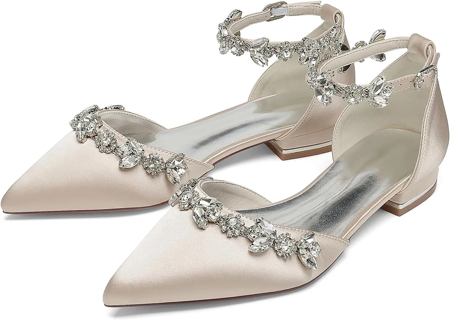 Women Satin Wedding Shoes for Bride Flats Pointed Toe Crystals Party Dress Bridesmaid Shoes