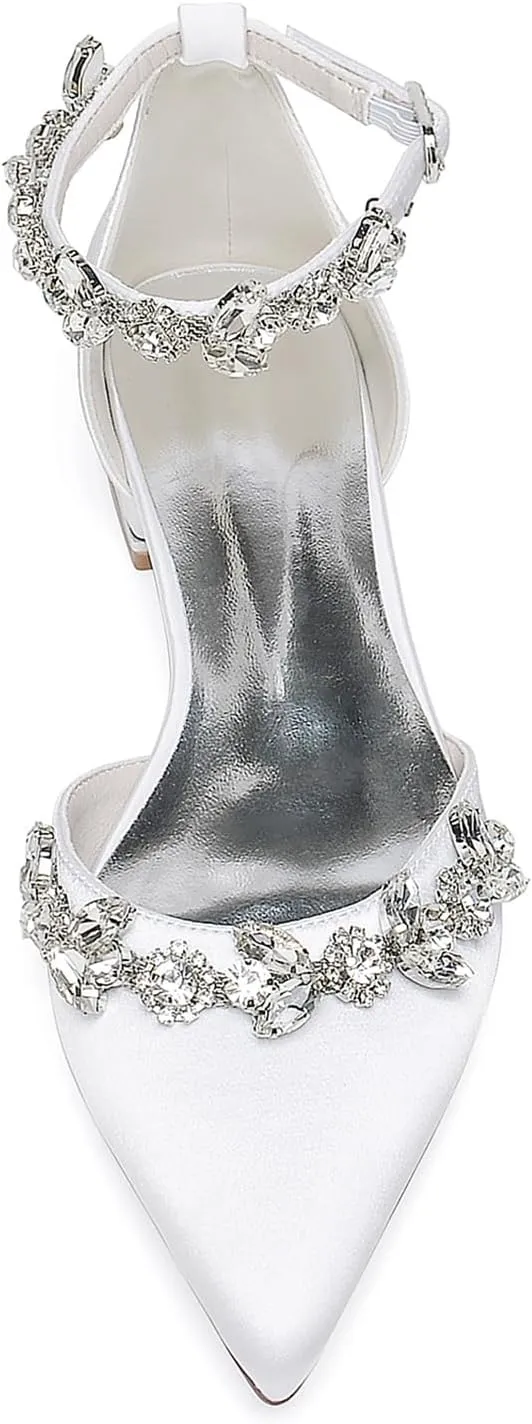 Women Satin Wedding Shoes for Bride Flats Pointed Toe Crystals Party Dress Bridesmaid Shoes