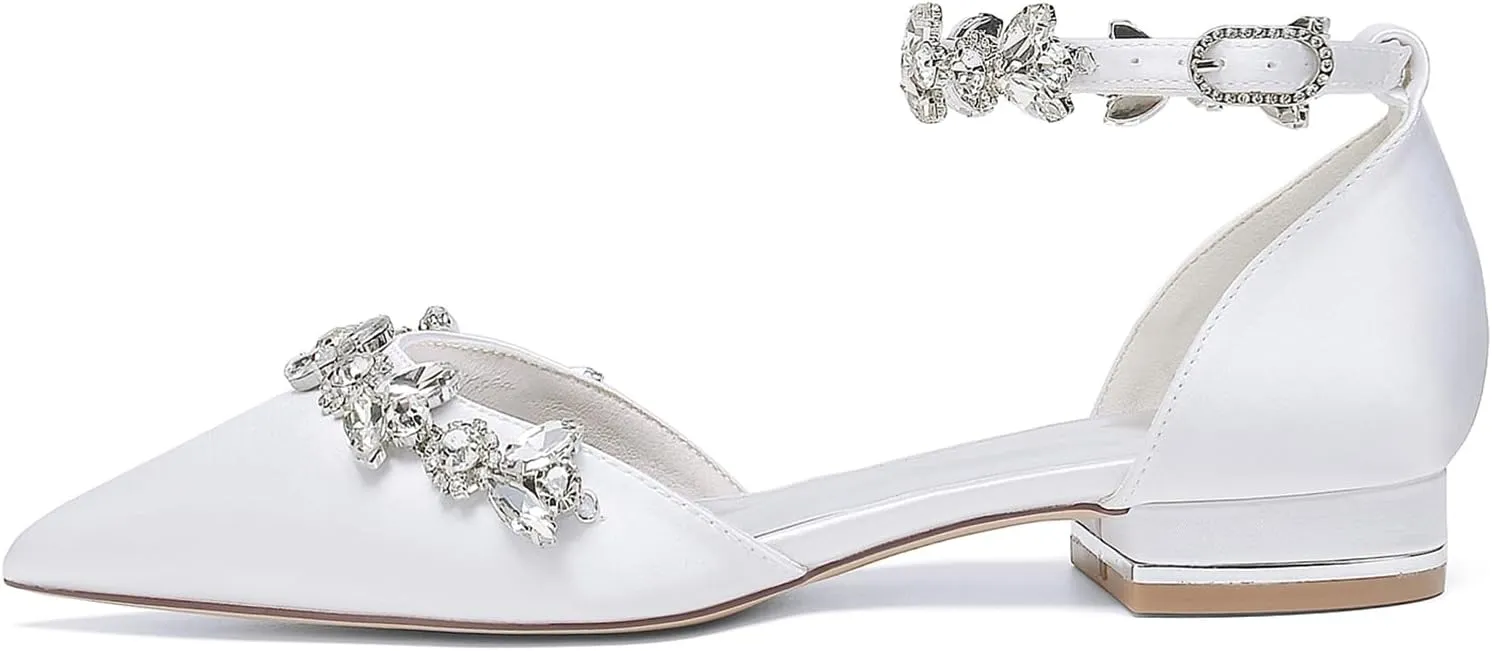 Women Satin Wedding Shoes for Bride Flats Pointed Toe Crystals Party Dress Bridesmaid Shoes