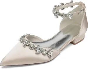 Women Satin Wedding Shoes for Bride Flats Pointed Toe Crystals Party Dress Bridesmaid Shoes