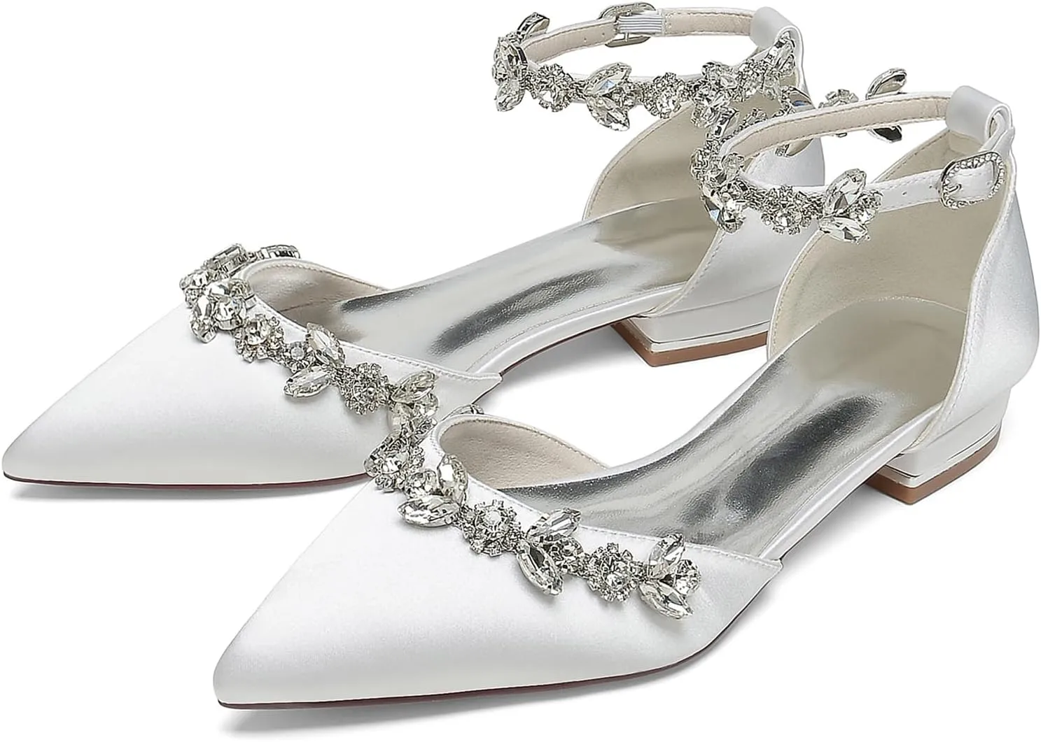 Women Satin Wedding Shoes for Bride Flats Pointed Toe Crystals Party Dress Bridesmaid Shoes