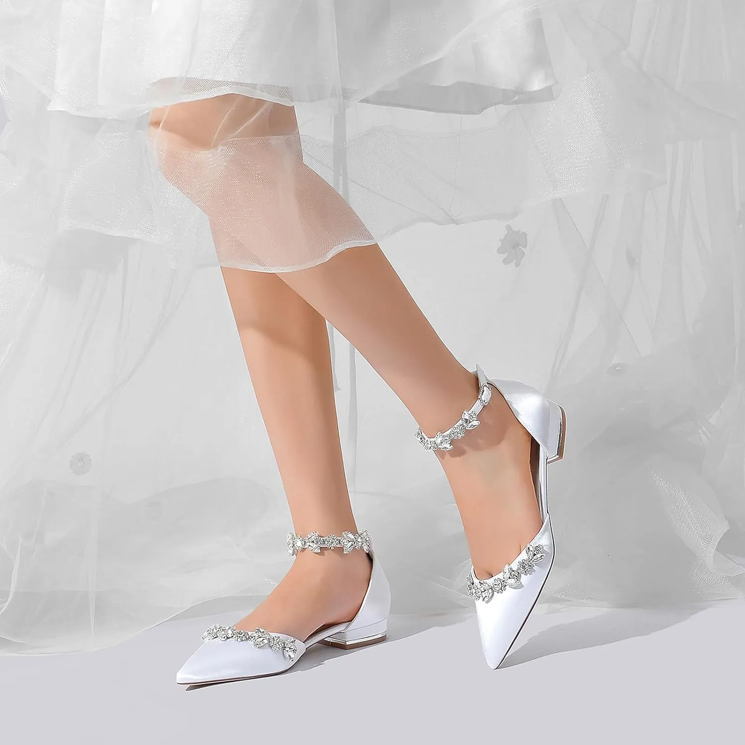 Women Satin Wedding Shoes for Bride Flats Pointed Toe Crystals Party Dress Bridesmaid Shoes
