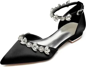 Women Satin Wedding Shoes for Bride Flats Pointed Toe Crystals Party Dress Bridesmaid Shoes