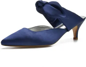 Women Wedding High Heels Satin Closed Toe Ribbon Tie Ballet Pumps Pointed Toe Wedding Bridal Party Dress Pumps Heeled Mules Strappy Slip on Dressy Wedding Bridal Sandals