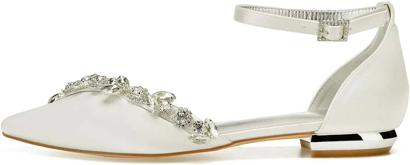 Women's Ankle Strap Wedding Shoes Satin Rhinestone Pointed Toe Flats for Bride