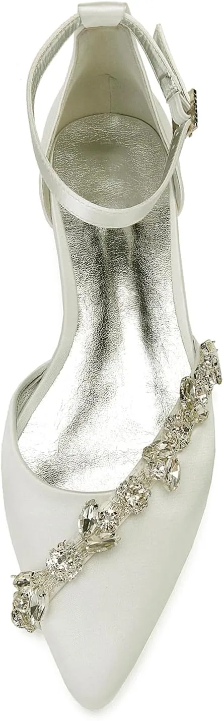 Women's Ankle Strap Wedding Shoes Satin Rhinestone Pointed Toe Flats for Bride