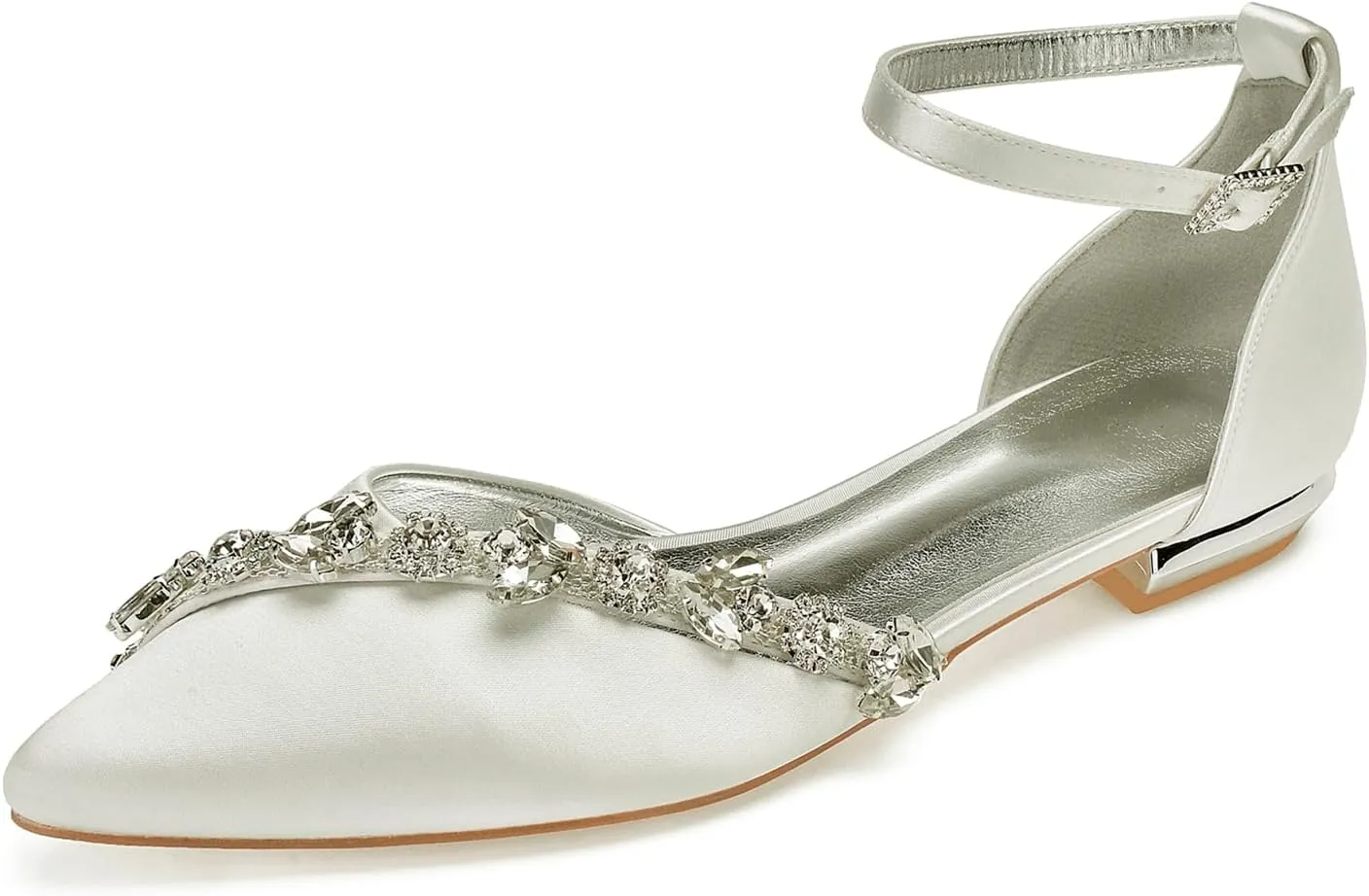 Women's Ankle Strap Wedding Shoes Satin Rhinestone Pointed Toe Flats for Bride