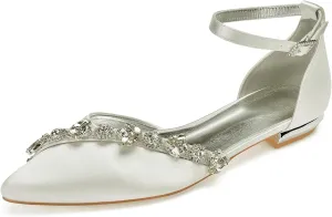 Women's Ankle Strap Wedding Shoes Satin Rhinestone Pointed Toe Flats for Bride